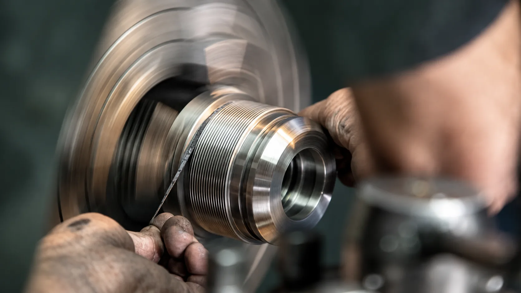 Machinist working at an industrial lathe