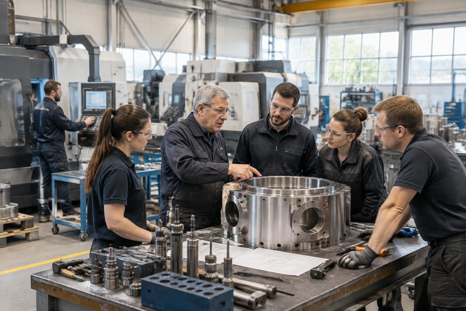 Dipendenti che discutono del lavoro in un reparto di produzione industriale
